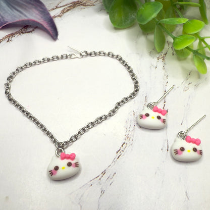 Hello Cat Pink Bow Kitty Charm Doll Necklace and Earrings Set • 18 Inch Fashion Doll Jewelry
