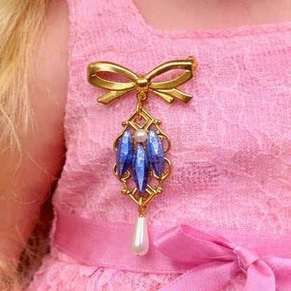 Gold Tone Pin Blue Rhinestone and Pearl Dangle Accent • Doll Brooch