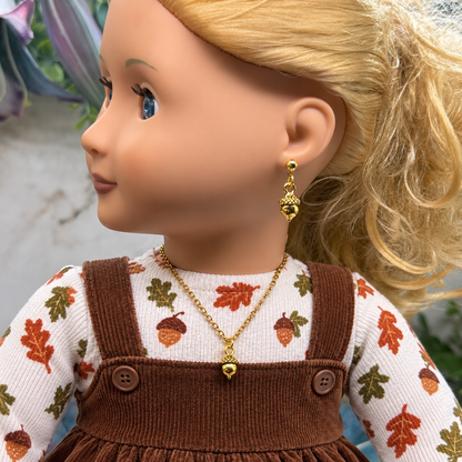 Acorn Harvest Autumn Charm Gold Doll Necklace and Earrings Set | for 18 Inch Fashion Doll