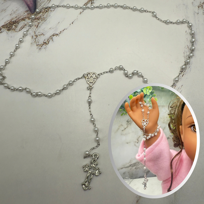 Pearl Beaded Silver Cross • Doll Size Catholic Rosary for 18-22” Fashion or Vintage Dolls