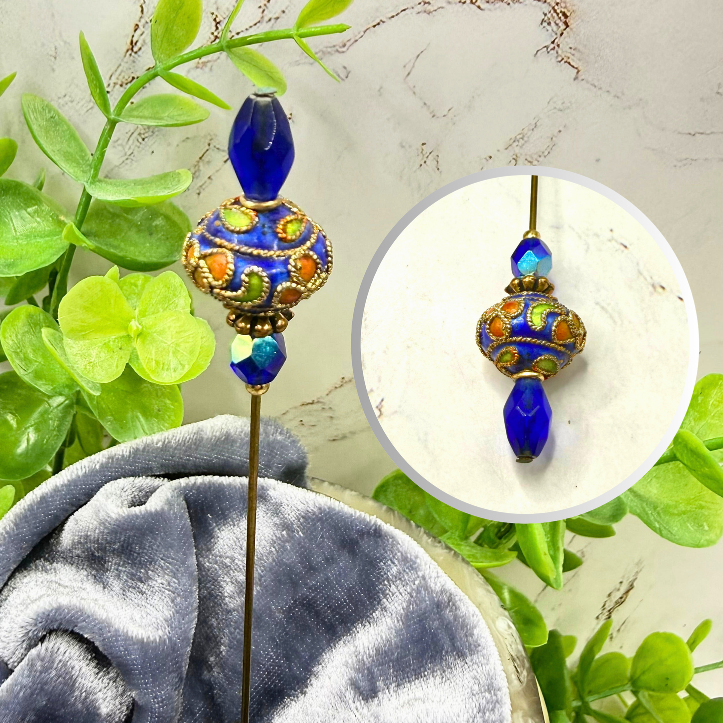 Cobalt Blue Crystal Bright Color Floral Swirl Design Cloisonné - 6 Inch • Hatpin - Stick Pin