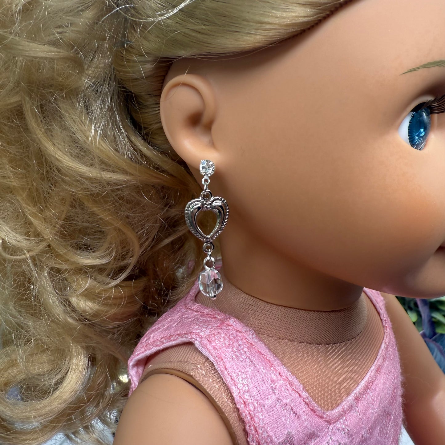 Silver Heart Clear Crystal Dangle Doll Earrings • 18 Inch Fashion Doll Jewelry