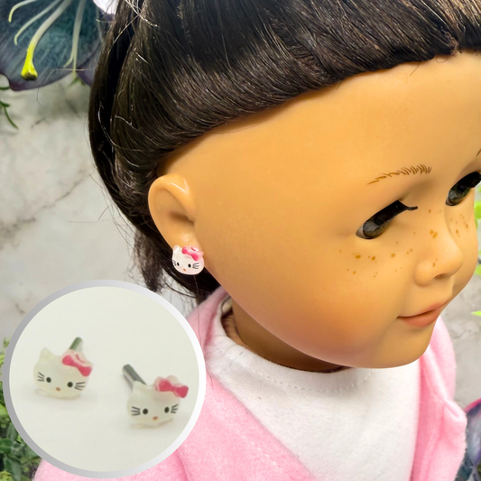 Hello Cat Kitty Pink Bow Post Doll Earrings • 2mm Post for 18 Inch Fashion Doll