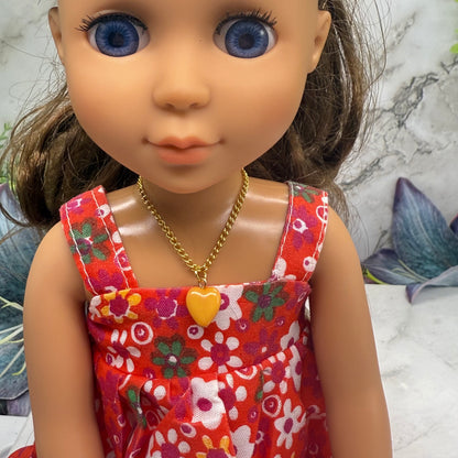 Orange Heart Charm Gold Chain Doll Necklace • 14 Inch Doll Jewelry