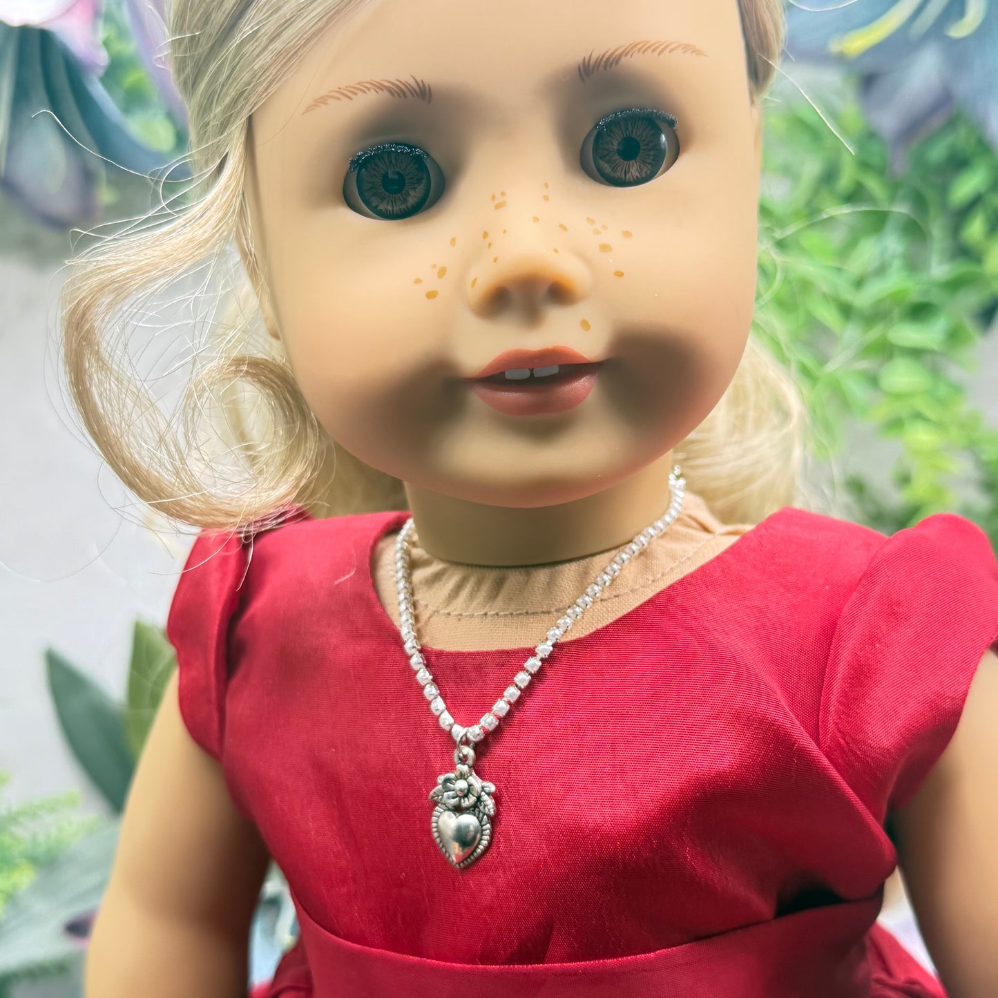 Silver Sacred Heart Charm Pearl Cup Link Chain Doll Necklace • 18 Inch Fashion Doll Jewelry