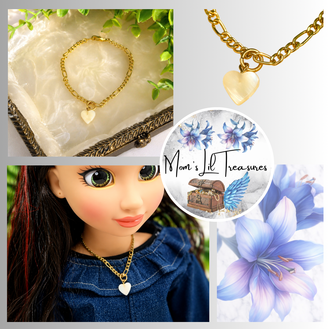 Heart Mother of Pearl Charm Gold Chain Doll Necklace for 18 Inch Doll Jewelry