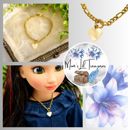 Heart Mother of Pearl Charm Gold Chain Doll Necklace for 18 Inch Doll Jewelry