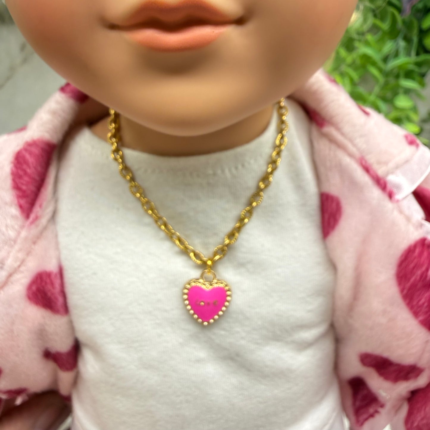 Pink LOVE Heart Charm Gold Chain Doll Necklace • 18 Inch Fashion Doll Jewelry