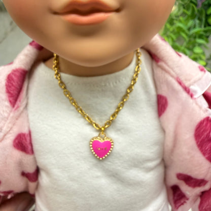 Pink LOVE Heart Charm Gold Chain Doll Necklace • 18 Inch Fashion Doll Jewelry