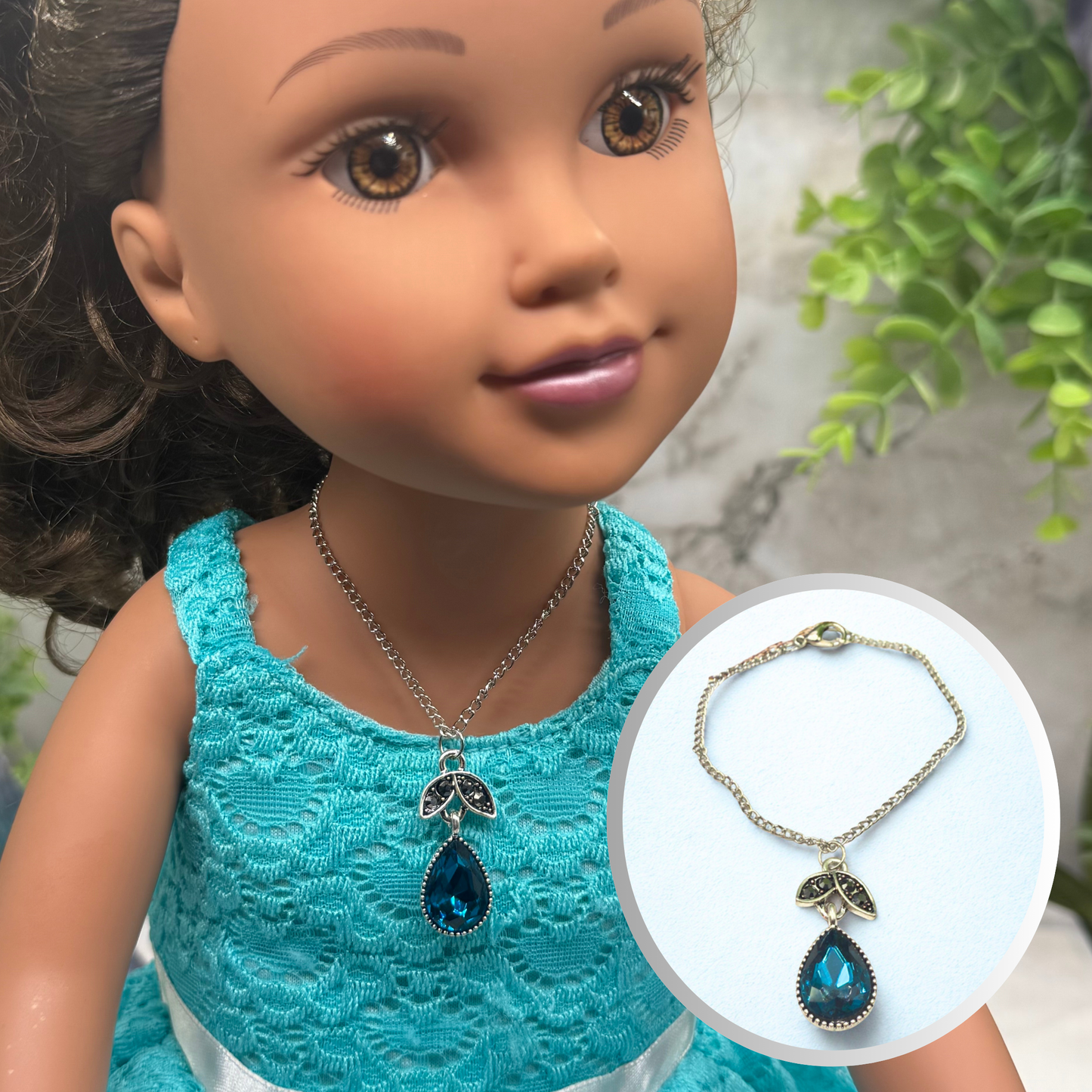 Dark Turquoise Teardrop Rhinestone Pendant Doll Necklace • 18 Inch Fashion Doll Jewelry