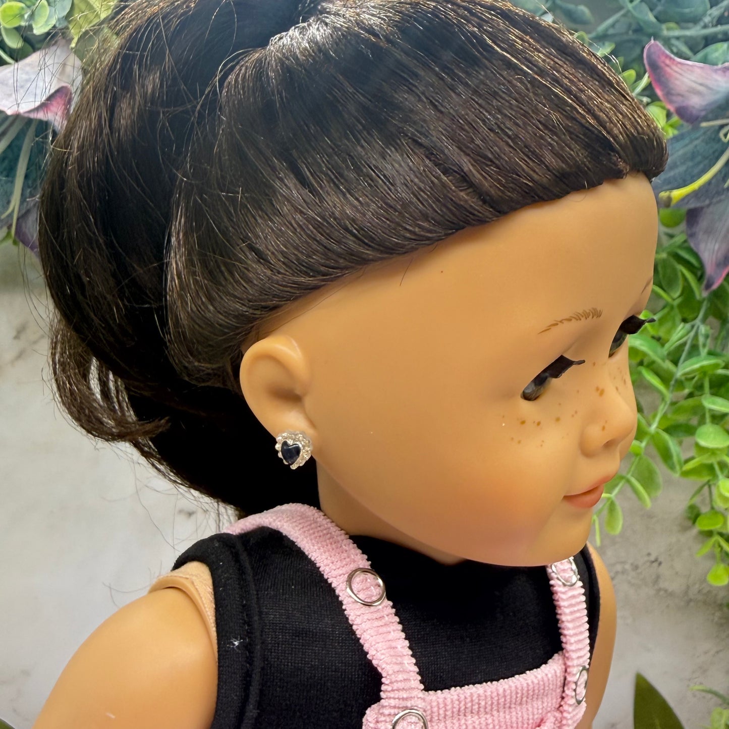 Black Center Glittery Ruffle Heart Post Doll Earrings • 2mm Post for 18 Inch Fashion Doll