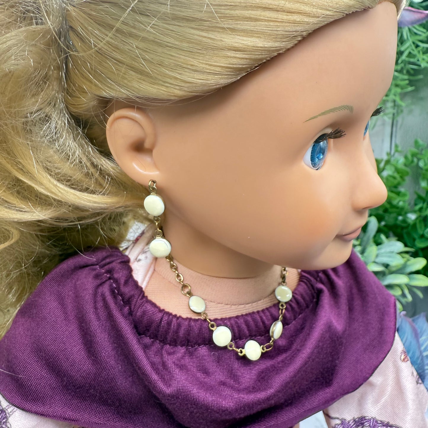 Cream Color & Brass Bronze Tone Round Link Doll Necklace Bracelet Earrings • 18 Inch Fashion Doll Jewelry