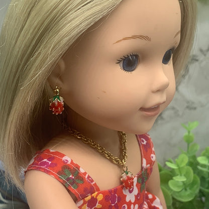 Strawberry Charm Gold Chain Doll Necklace Earring Bracelet Set 14” Wellie Wisher