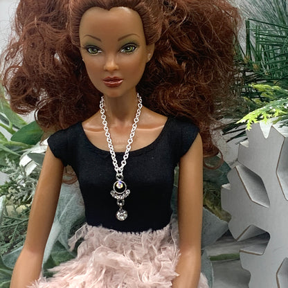 Clear & AB Rhinestone Pendant Silver Chain Doll Necklace • 16”  Doll Jewelry