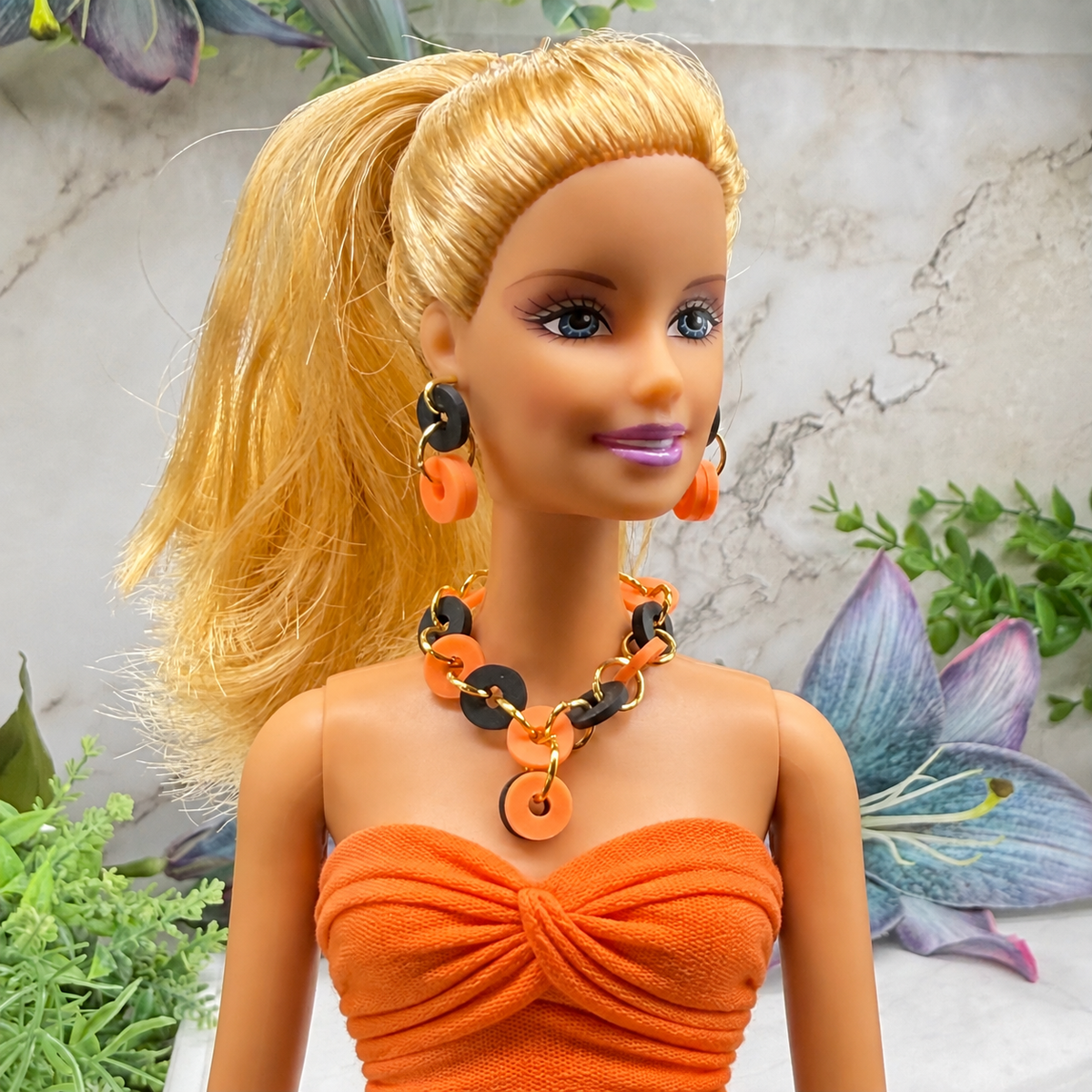 Orange Black Circle Design Earrings and Necklace | for 10-12 Inch 1:6 Fashion Doll