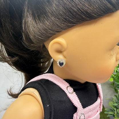 Black Center Glittery Ruffle Heart Post Doll Earrings • 2mm Post for 18 Inch Fashion Doll