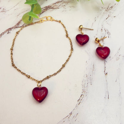 Burgundy Red Heart Charm Gold Chain Doll Necklace & Earrings Set • 18 Inch Fashion Doll Jewelry