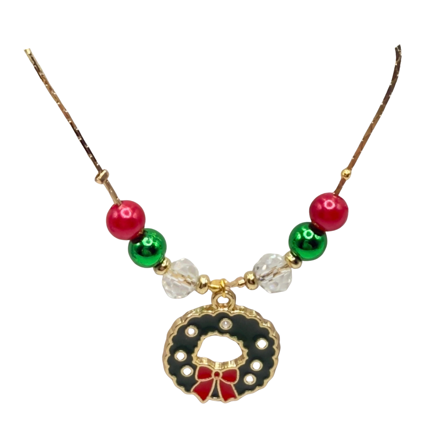 Christmas Wreath Charm Red Green Beaded Gold Doll Necklace • 18 Inch Fashion Doll Jewelry