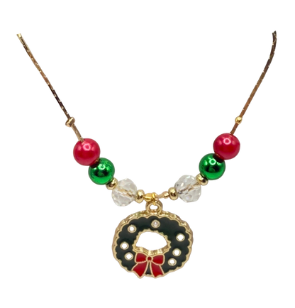 Christmas Wreath Charm Red Green Beaded Gold Doll Necklace • 18 Inch Fashion Doll Jewelry