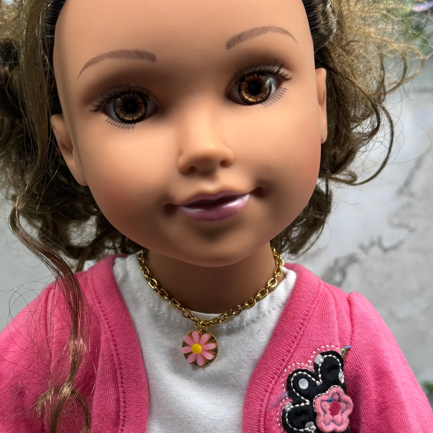 Pink Yellow Daisy Flower Pendant Gold Chain Doll Necklace • 18 Inch Fashion Doll Jewelry