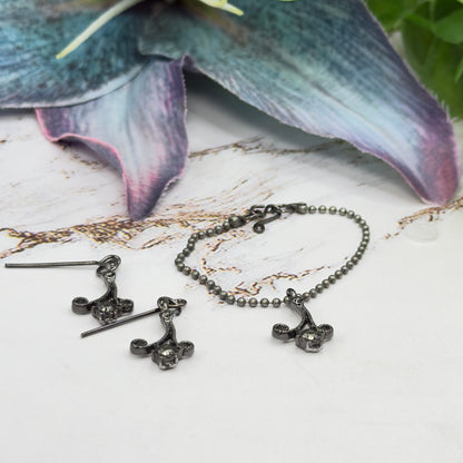 Black Dark Scroll Design Gray Metallic Rhinestone Ball Chain Doll Necklace & Earrings • 16 Inch Fashion Doll Jewelry