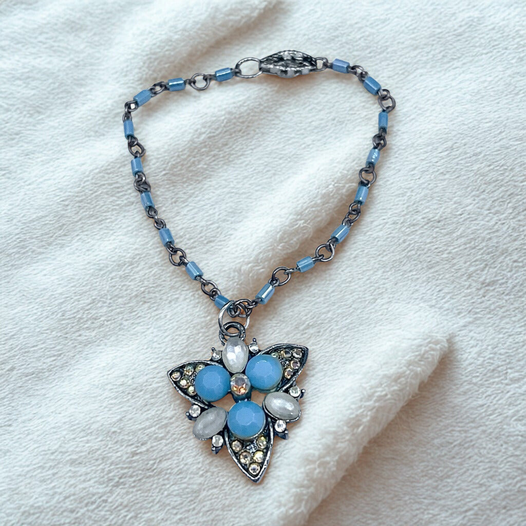 Turquoise Blue Glass Rhinestone Starburst Design Doll Necklace •18” Doll Jewelry