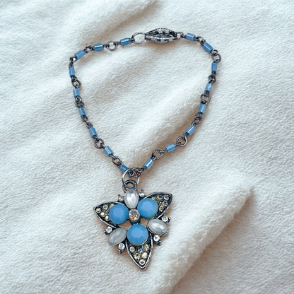 Turquoise Blue Glass Rhinestone Starburst Design Doll Necklace •18” Doll Jewelry