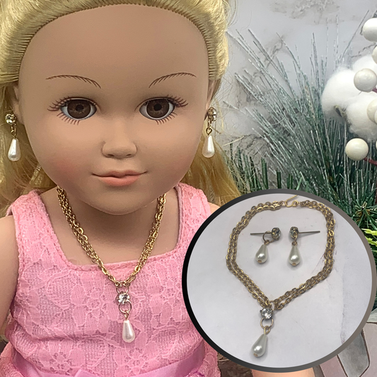 Clear Rhinestone Teardrop Pearl Gold Doll Necklace Earring Set  18” Doll Jewelry
