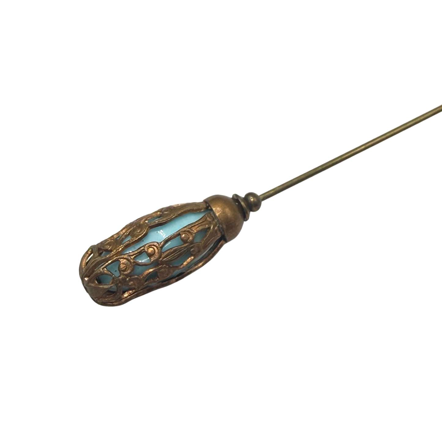 Ornate Vintage Style Copper Tone Lantern shape Filigree Cage Turquoise Glass Hatpin - 5 inch • Hatpin - Stick Pin