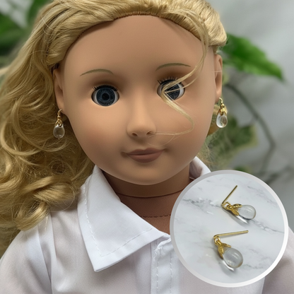 Clear Glass Teardrop Gold Filigree Doll Earrings • 18 Inch Fashion Doll Jewelry