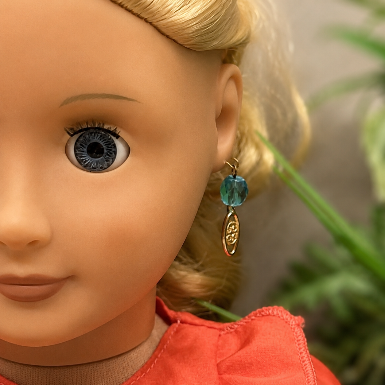 Turquoise Blue Glass Gold  Dangle Doll Earrings for 18 Inch Fashion Doll • Doll Jewelry