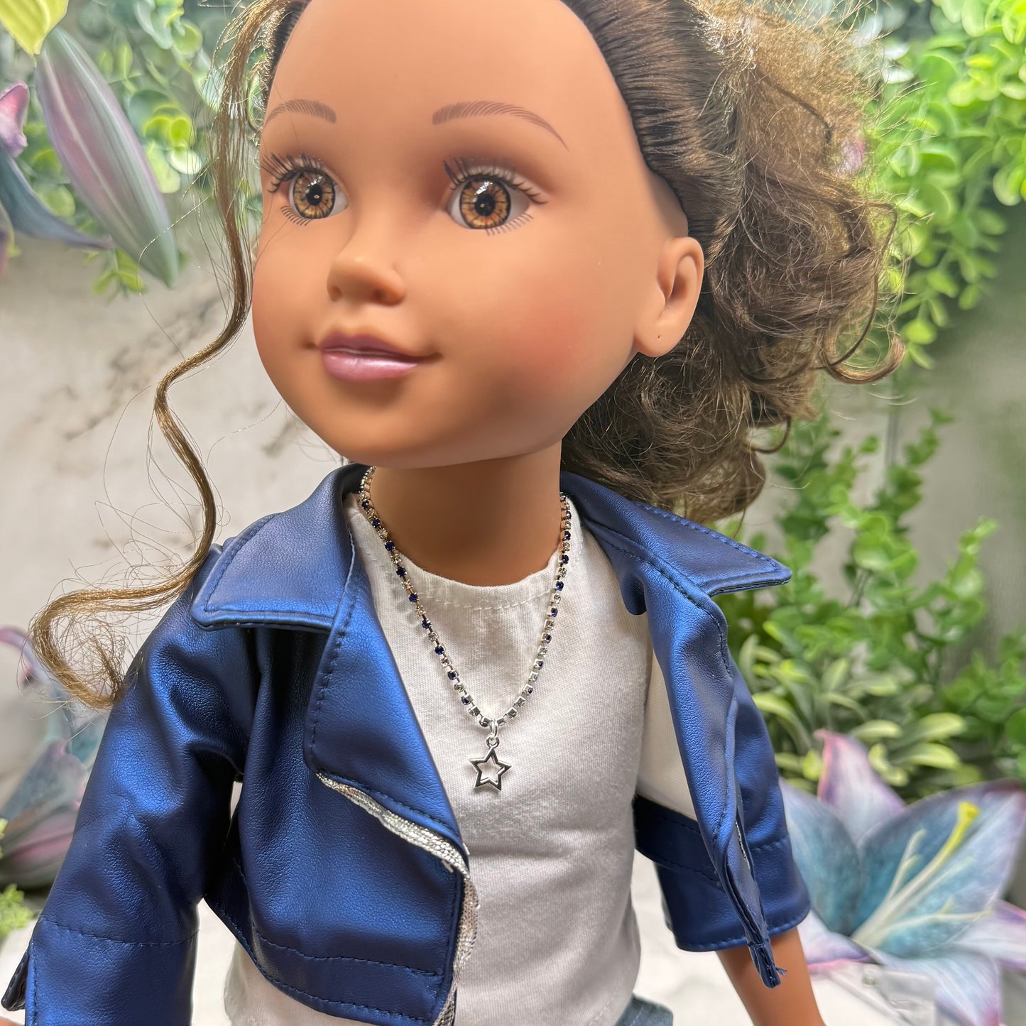 Blue & Clear Rhinestone Silver Star Charm Doll Necklace for 18 Inch Fashion Doll