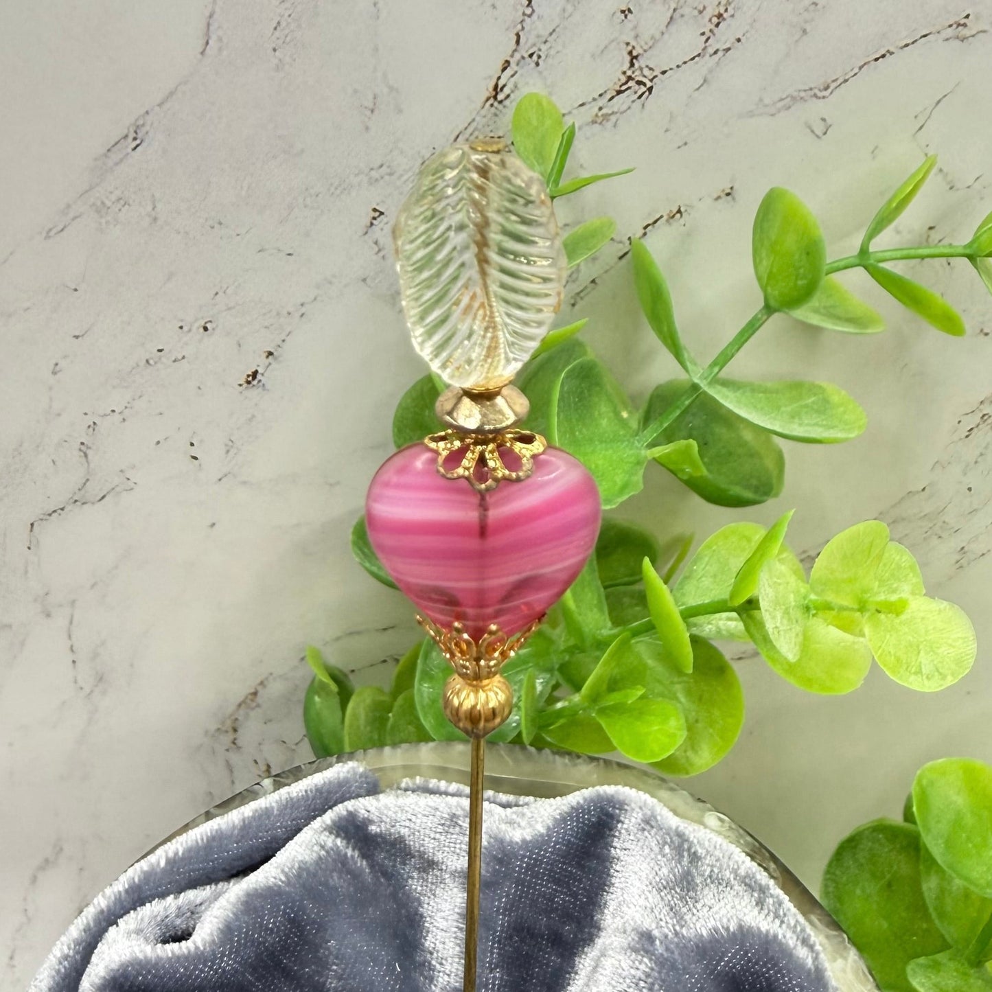 Pink Swirl Design Glass Heart Clear Leaf Top Gold Filigree - 6 Inch • Hatpin - Stick Pin