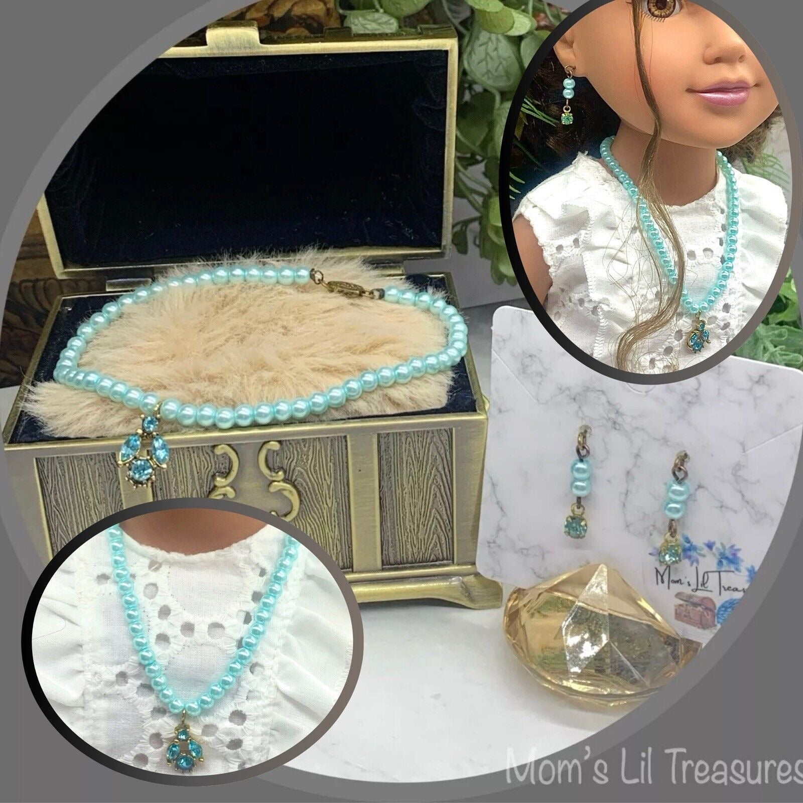 Turquoise Pearl Rhinestone Pendant Doll Necklace Earring Set • 18” Doll Jewelry