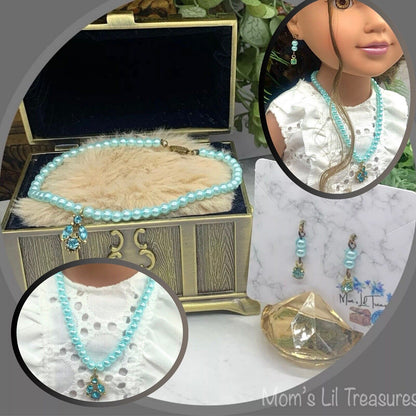 Turquoise Pearl Rhinestone Pendant Doll Necklace Earring Set • 18” Doll Jewelry
