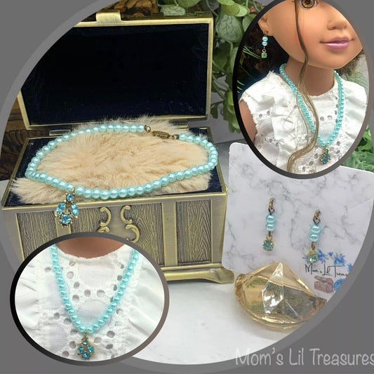 Turquoise Pearl Rhinestone Pendant Doll Necklace Earring Set • 18” Doll Jewelry