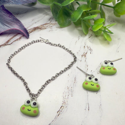 Keroppi Cute Frog Charm Necklace & Earrings Set • 18 Inch Fashion Doll Jewelry