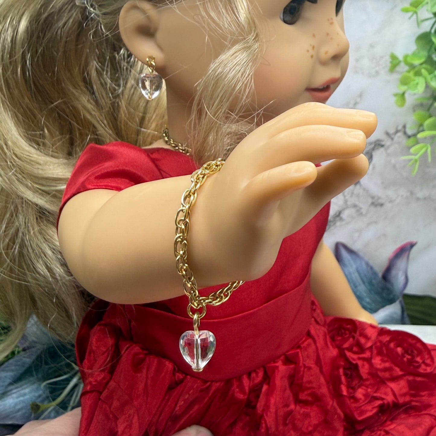 Clear Heart Charm Gold Chain Doll Necklace Bracelet & Earrings • 18 Inch Fashion Doll Jewelry