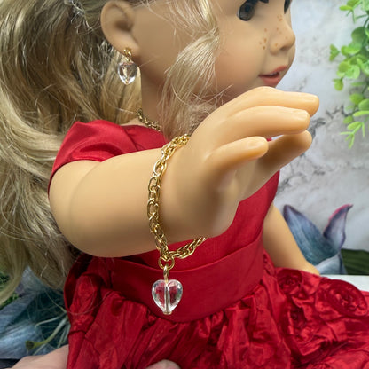 Clear Heart Charm Gold Chain Doll Necklace Bracelet & Earrings • 18 Inch Fashion Doll Jewelry