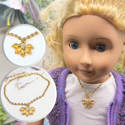 Textured Leaf Clear Rhinestone Gold Pendant Doll Necklace • 18 Inch Fashion Doll Jewelry