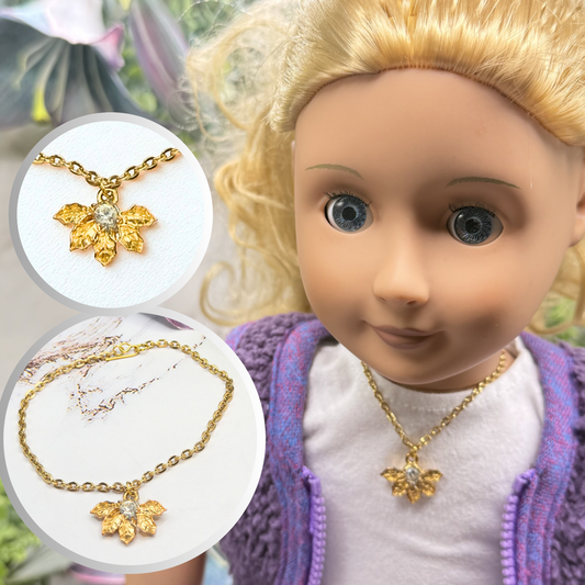 Textured Leaf Clear Rhinestone Gold Pendant Doll Necklace • 18 Inch Fashion Doll Jewelry