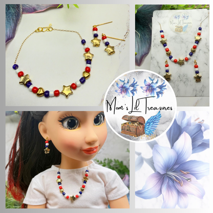 Red White Blue Beaded Americana Gold Star Heart Doll Necklace & Earrings Set for 18 Inch Fashion Doll