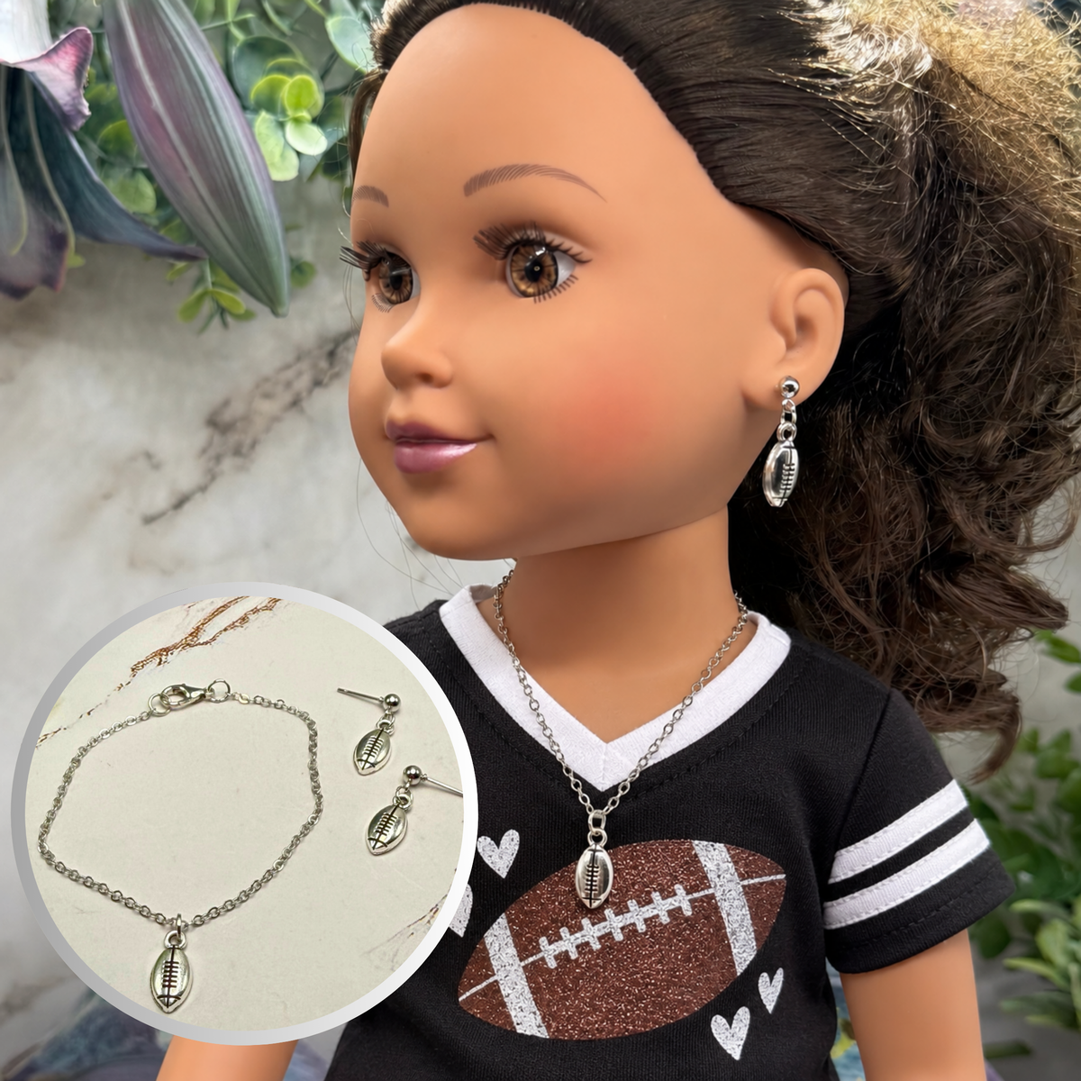 Silver Football Sports Charm Doll Necklace & Earrings | for 18 Inch Fashion Doll