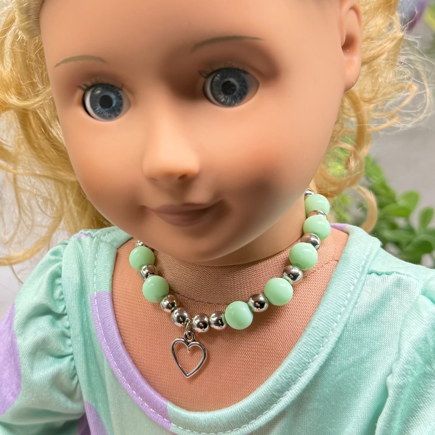 Light Green Acrylic & Silver Beaded Open Heart Charm Doll Necklace • 18 Inch Fashion Doll Jewelry