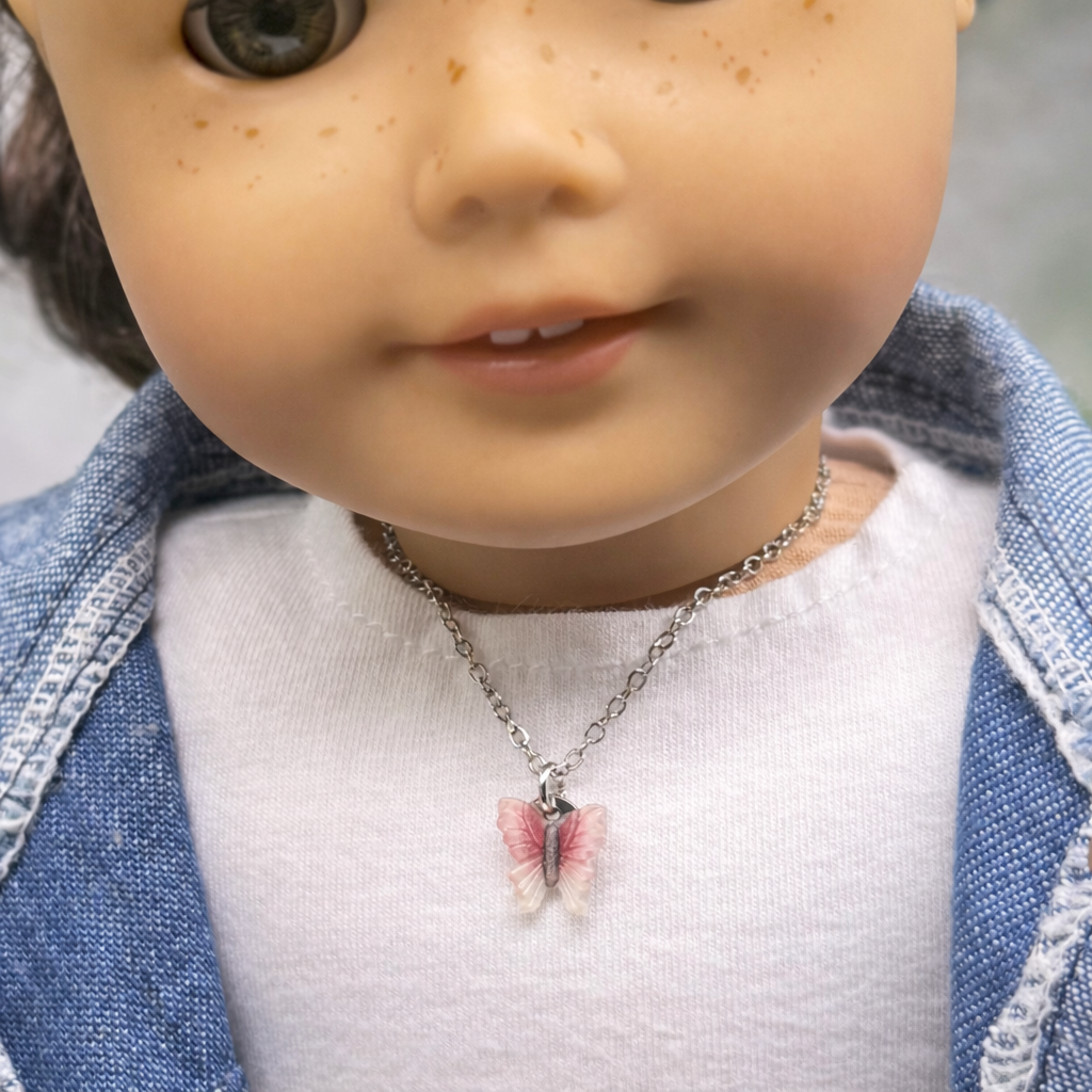 Coral Red Brown Gradient Butterfly Charm Silver Doll Necklace • 18 Inch Fashion Doll Jewelry