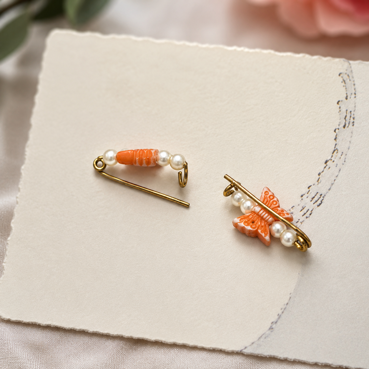Orange & Pearl Beaded Butterfly Doll Hair Barrettes 14-18” Fashion Dolls • Doll Hair Accessories