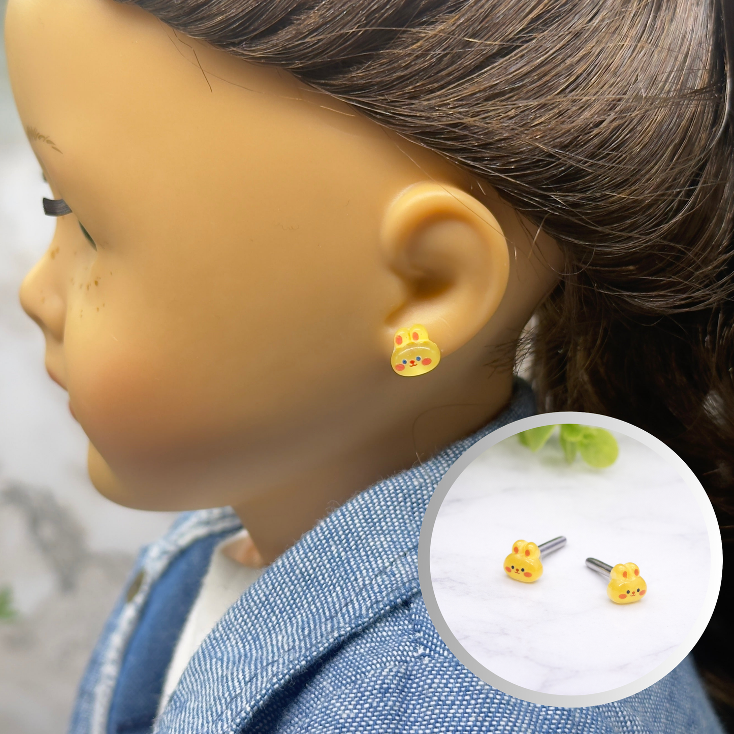 Yellow Bunny Easter Post Doll Earrings • 2mm Post for 18 Inch Fashion Doll