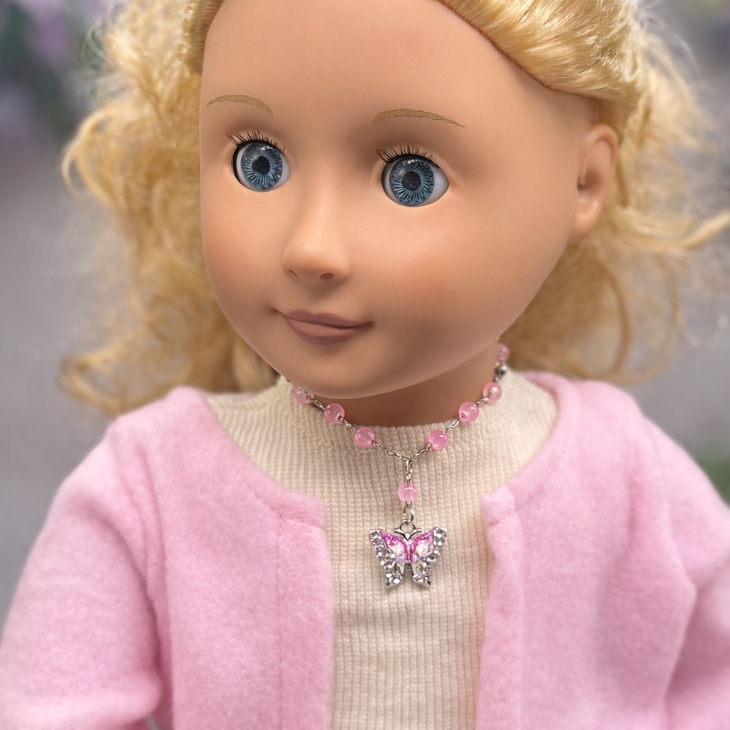 Translucent Pink Bead Butterfly Charm Doll Necklace • 18 Inch Fashion Doll Jewelry