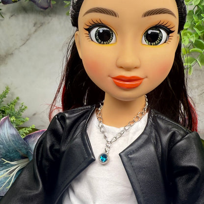 Round Turquoise Rhinestone Pendant Silver Link Doll Necklace • 18 Inch Fashion Doll Jewelry