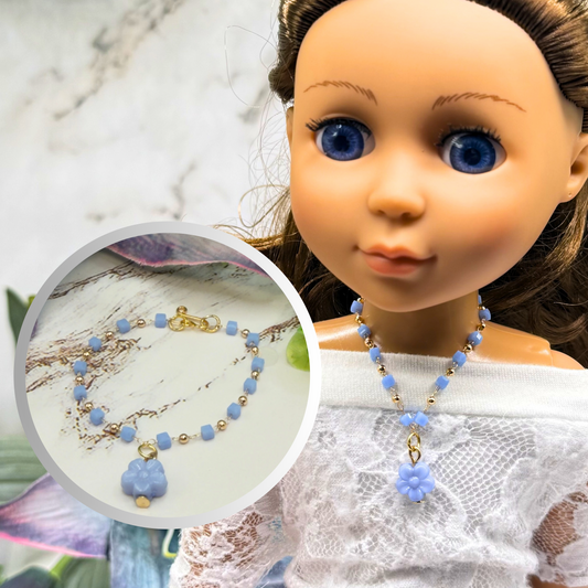 Blue Flower Charm Blue Square & Gold Beaded Doll Necklace • 14 Inch Fashion Doll Jewelry